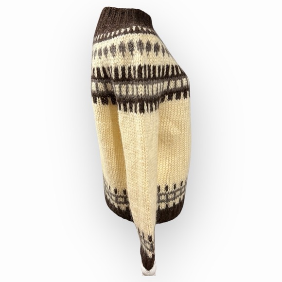 Vintage Icelandic Lopapeysa Wool Sweater Álafoss Lopi Yoke Cream Brown M - Picture 5 of 9